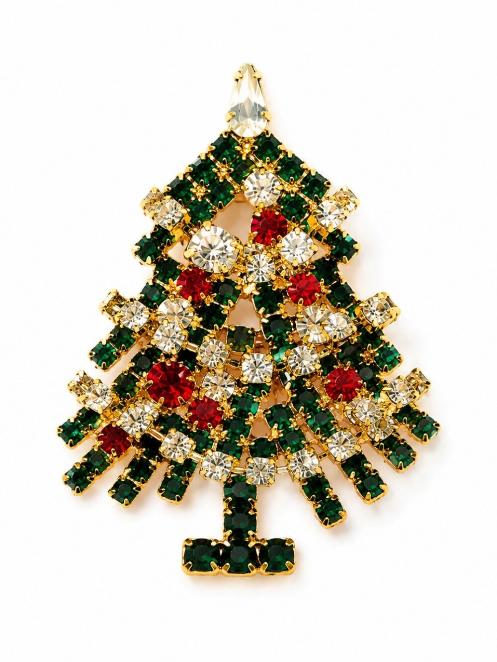 Vintage Rhinestone Christmas Tree Brooch Pin Red Green Crystal Holiday Jewelry